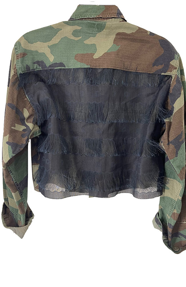 Black Fringe on Camo Cropped Jacket