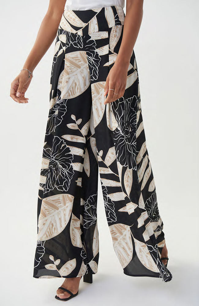 Floral Leaf Palazzo Pant in Black Beige Multi