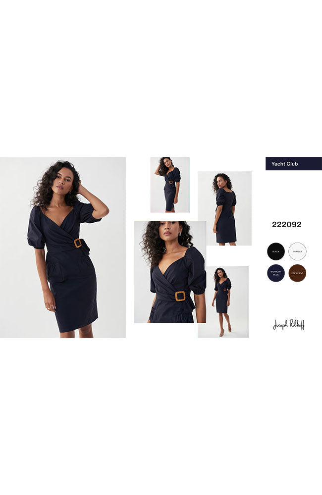Belted V Neck Puff Sleeve Dress