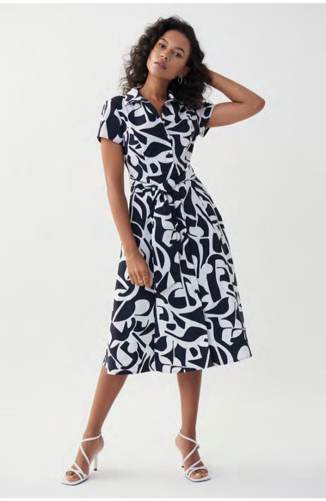 Collared Print Dress with Tie Belt