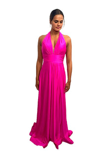 Wide Banded Waist Halter Gown