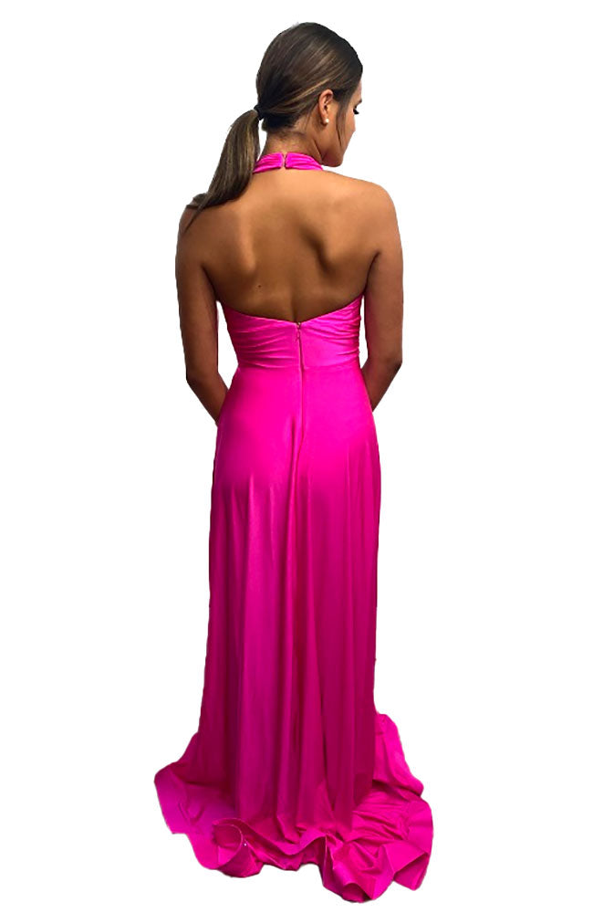 Wide Banded Waist Halter Gown