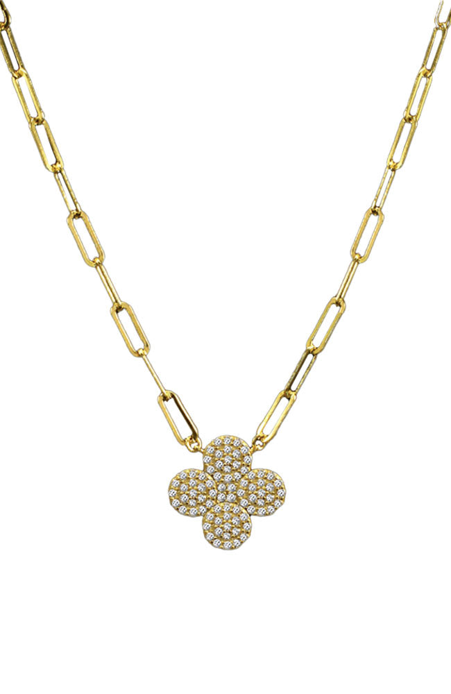 Gold Paperclip Necklace with Clover 16"