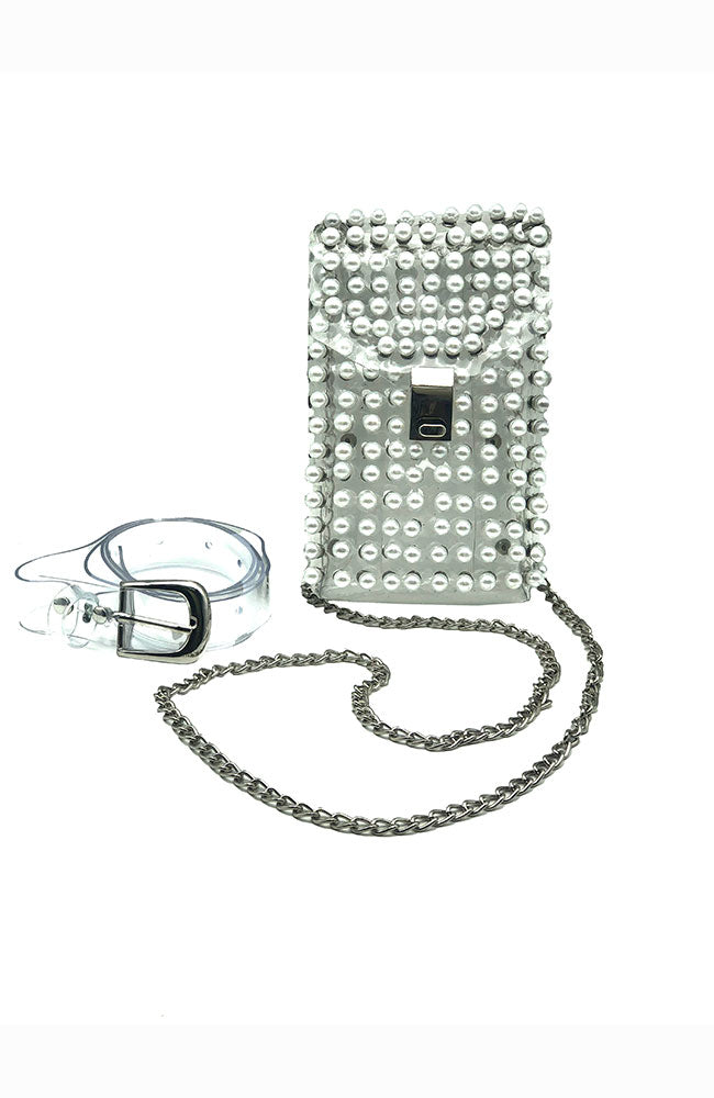 Belted Cell  Xbody, Silver Hdwe, Clear with Pearls