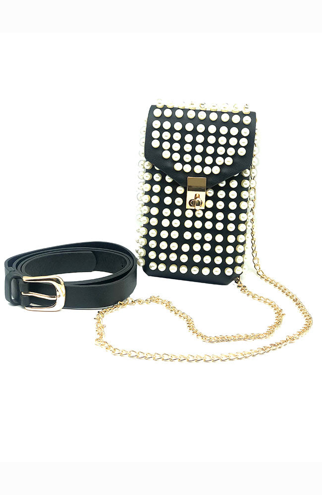 Belted Cell Phone Xbody Black with Pearls