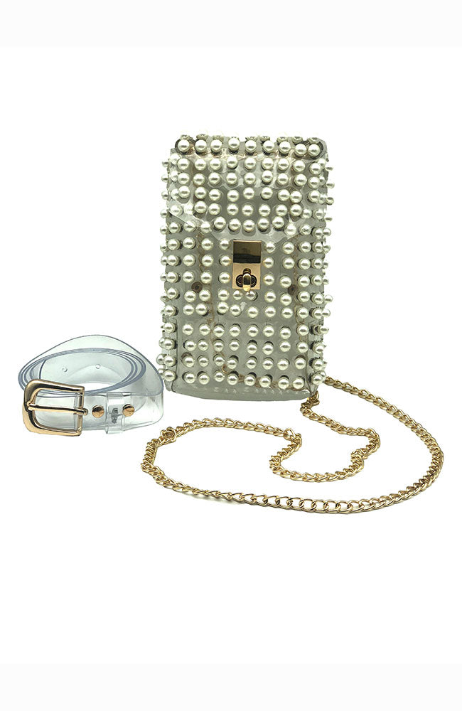 Belted Cell  Xbody Gold Hdwe, Clear with Pearls