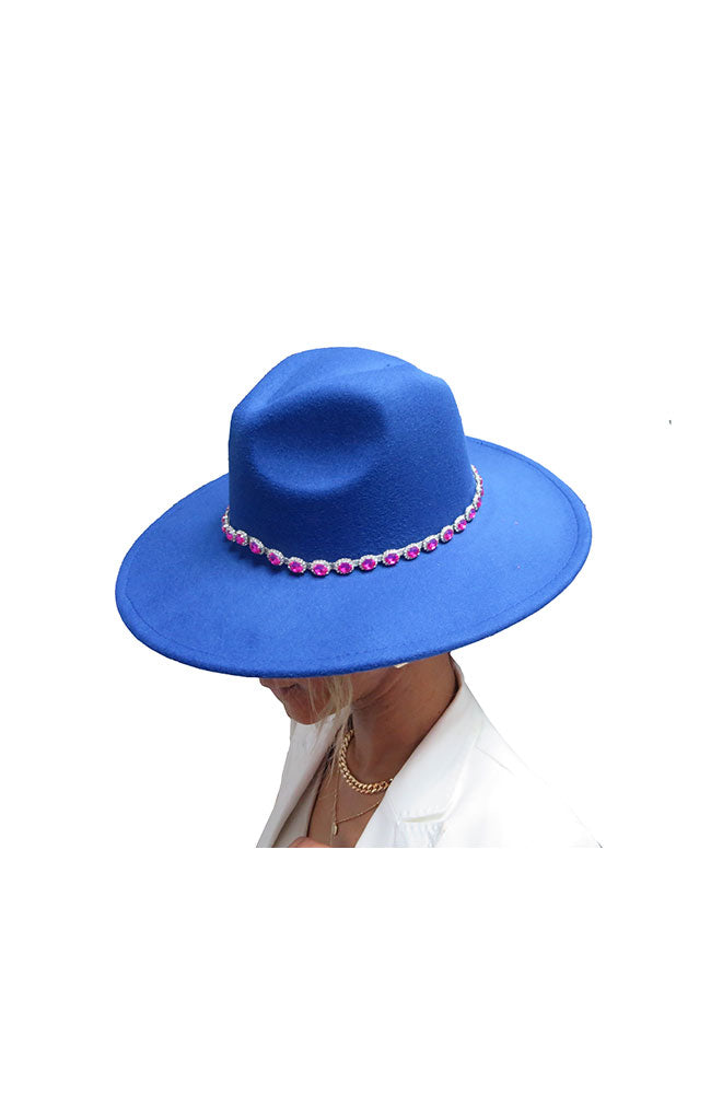 Blue Felt Hat Fuschia Stone Trim