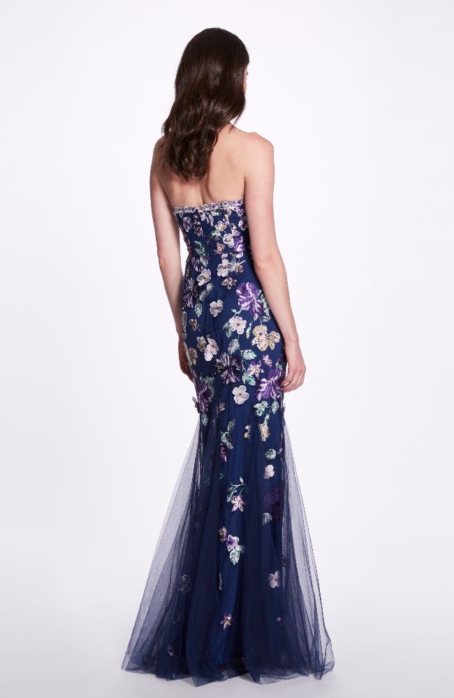 Strapless Embroidered Tulle Gown