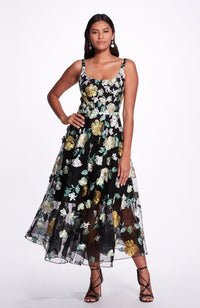 Embroidered Floral Tea Length Gown