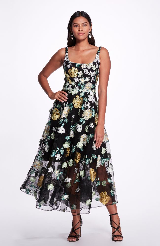 Embroidered Floral Tea Length Gown