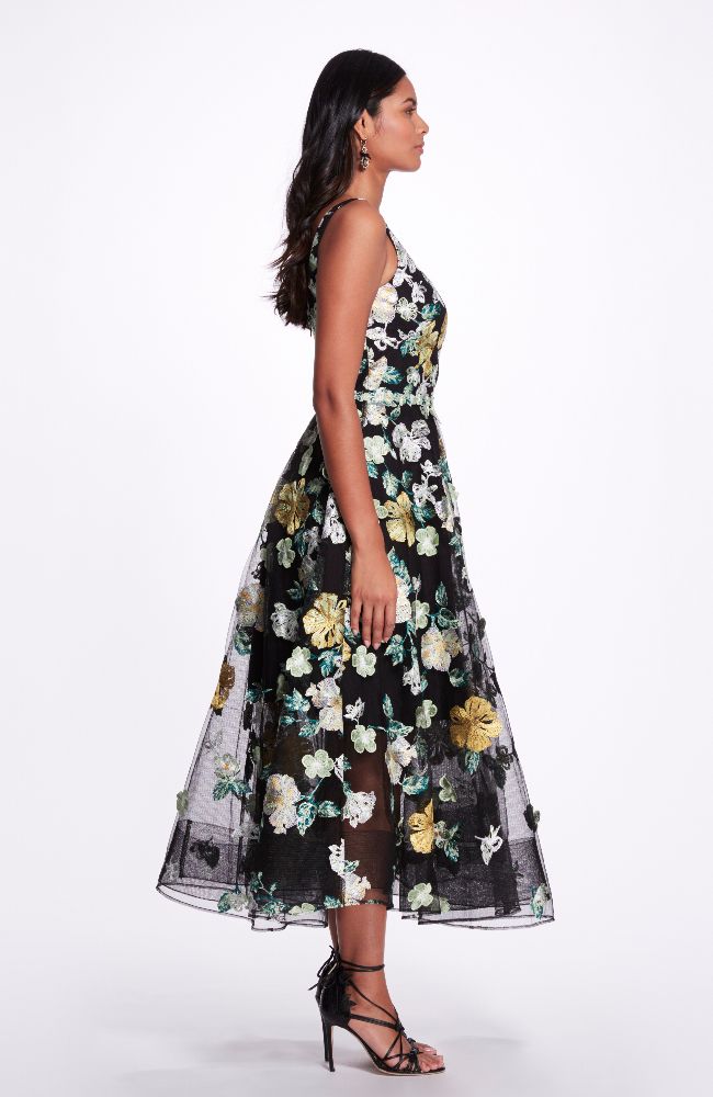 Embroidered Floral Tea Length Gown