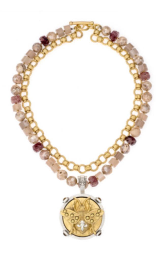 16" Double Strand Pierre De Lune Necklace with Bee