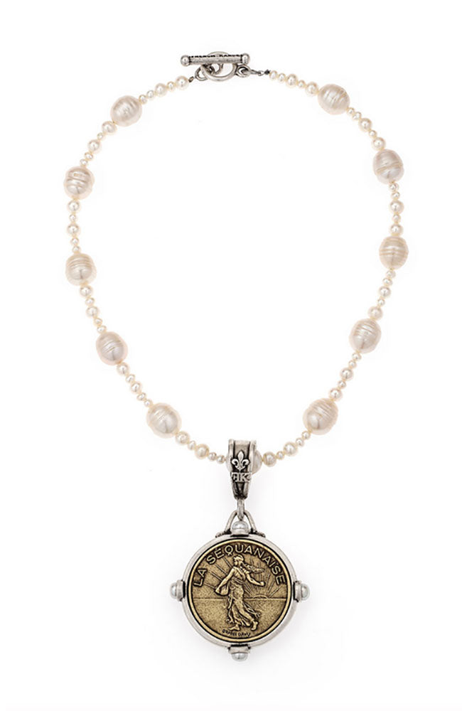 16" White Pearl Necklace Liberty Medallion