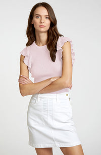 Rib Flutter Shoulder Crew Neck Top