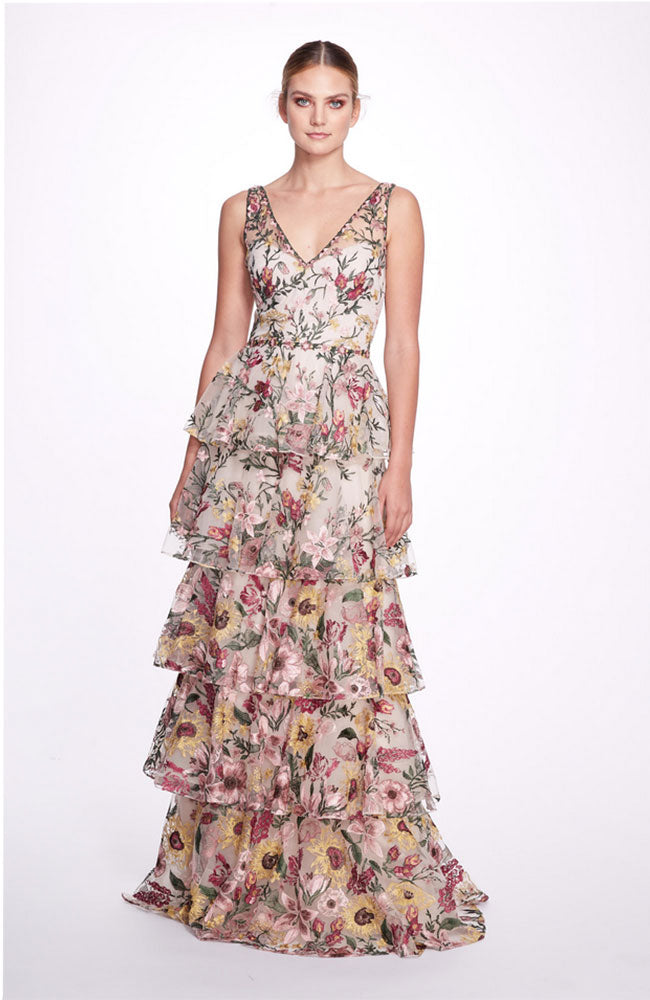Deep V Ruffle Skirt Gown