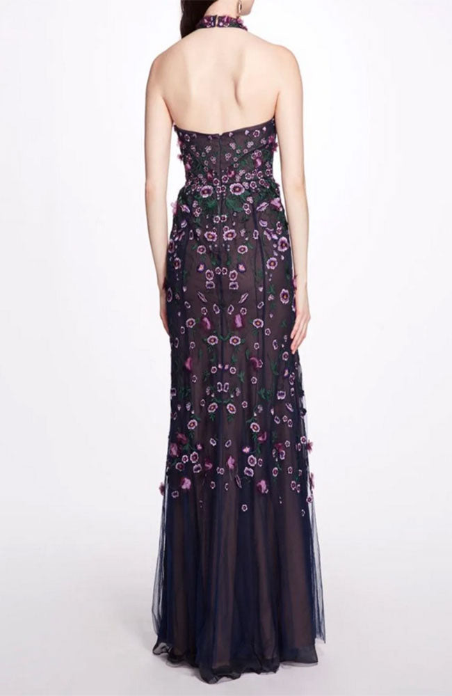 Multicolor Emb Halter Tulle Gown