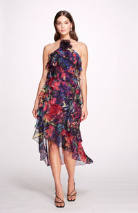 Aquarelle Midi Halter Tiered Cocktail Dress