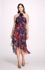 Aquarelle Midi Halter Tiered Cocktail Dress