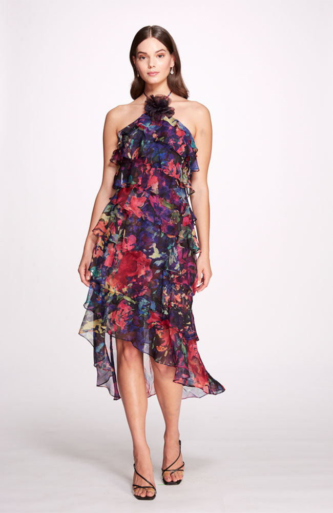 Aquarelle Midi Halter Tiered Cocktail Dress