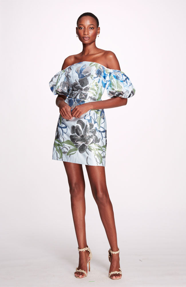 Puff Sleeve Cocktail Dress with Sequin Floral Pattern