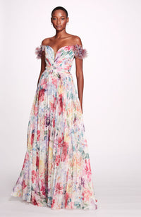 Aquarelle Off Shoulder Floral Gown