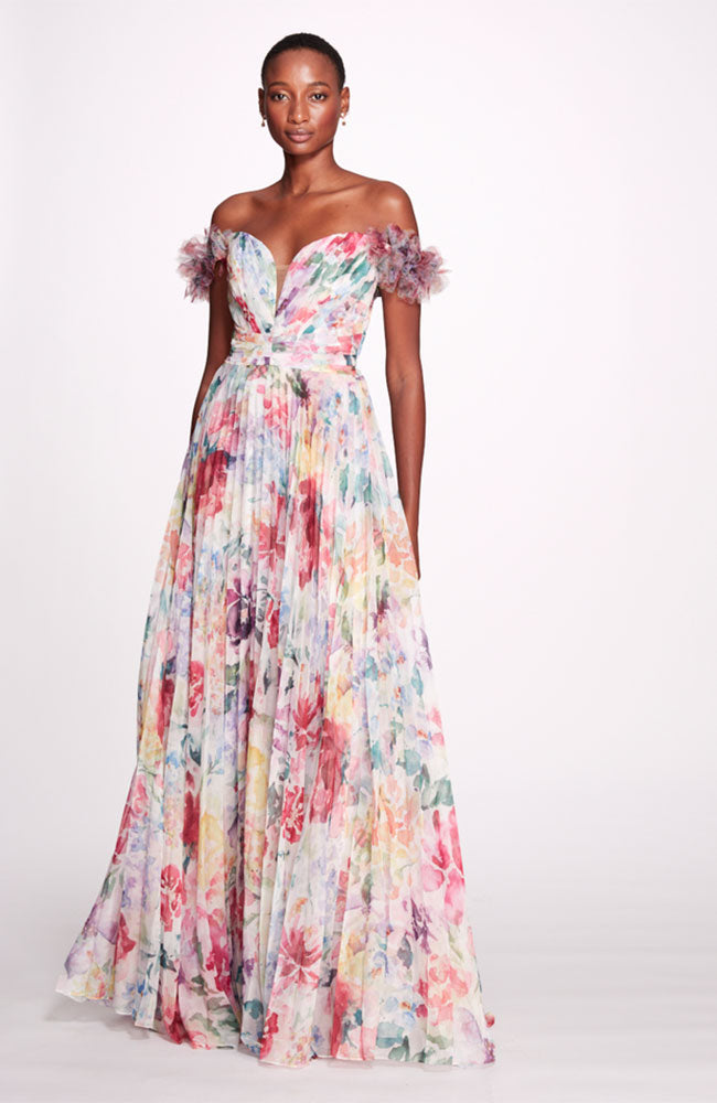 Aquarelle Off Shoulder Floral Gown
