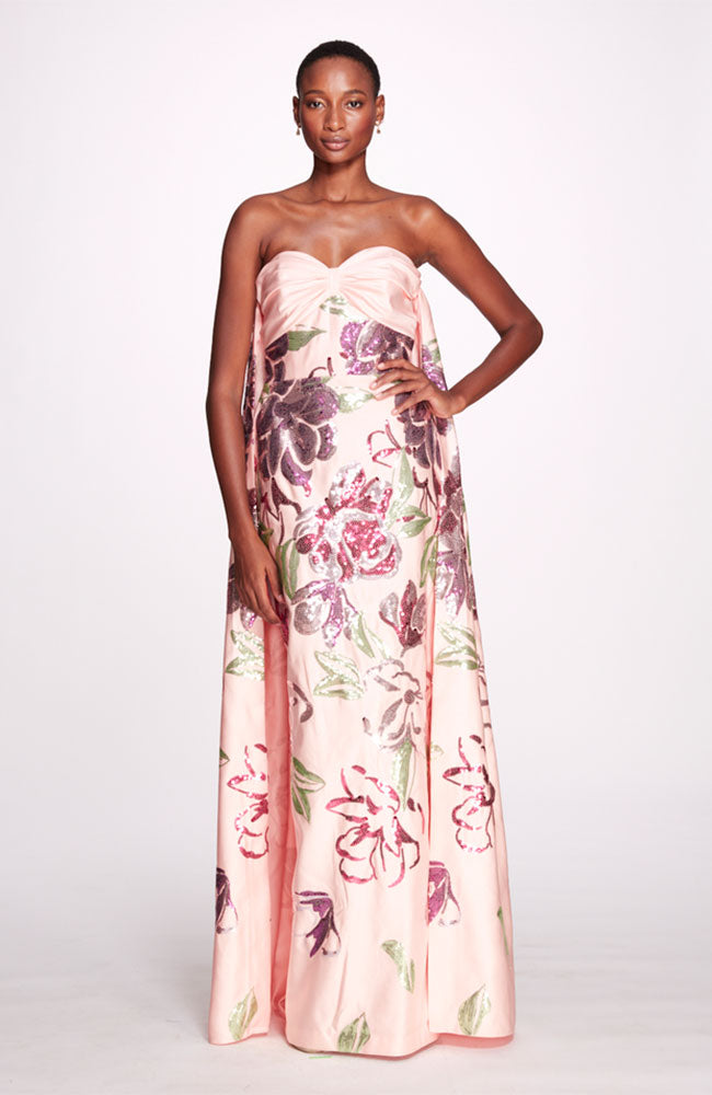 Strapless Blush Gown with Floral Sequin Print