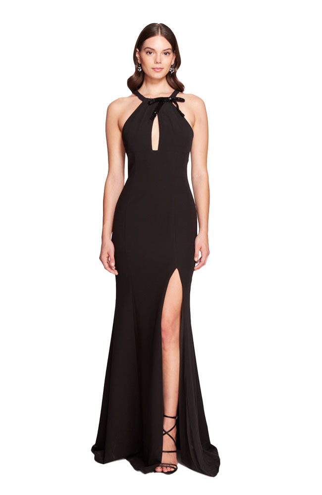 Halter Keyhole Gown with Slit & Sequin Bow.