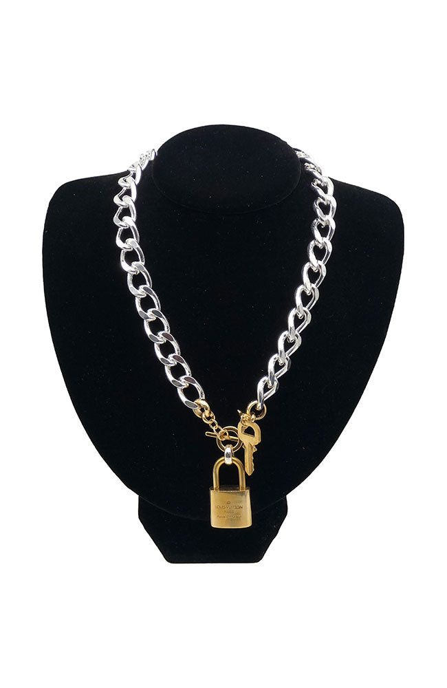 Curb Lock Necklace Silver with Gold Lock