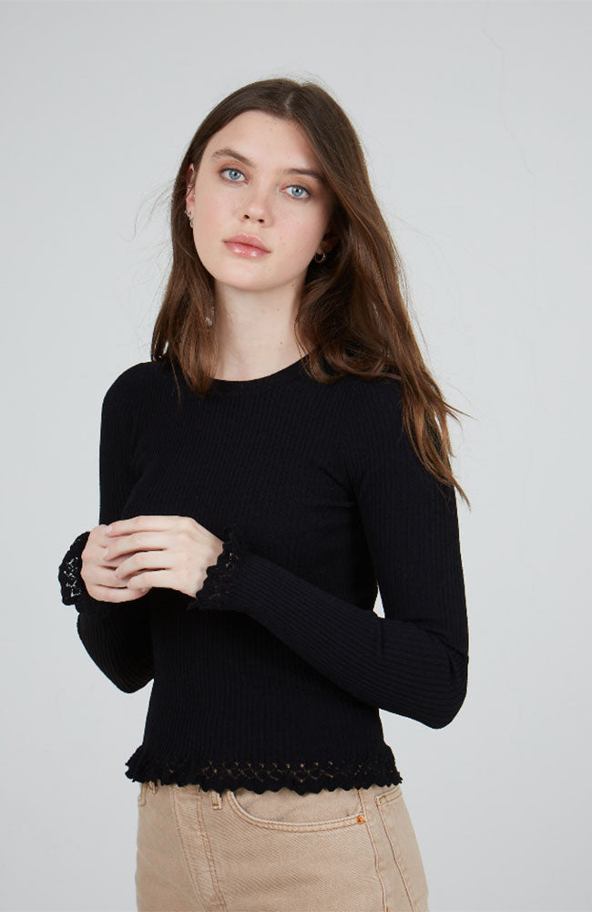 Long Sleeve Rib Crew with Lace Trim