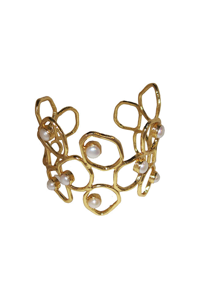 Gold Cuff Open Weave Pearls