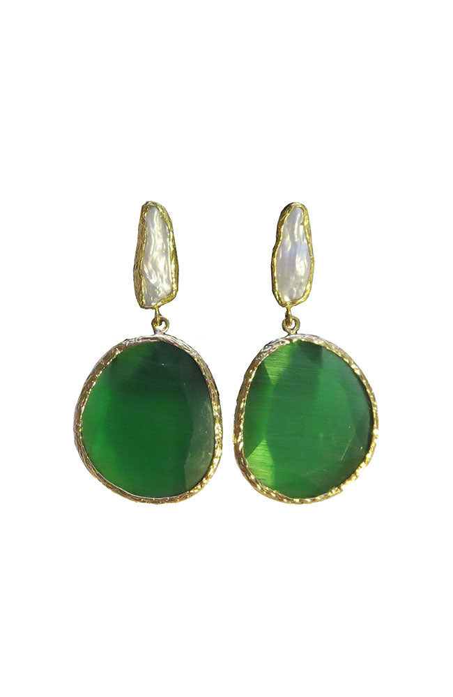 Gold Trim Pearl Large Green Drop Earring
