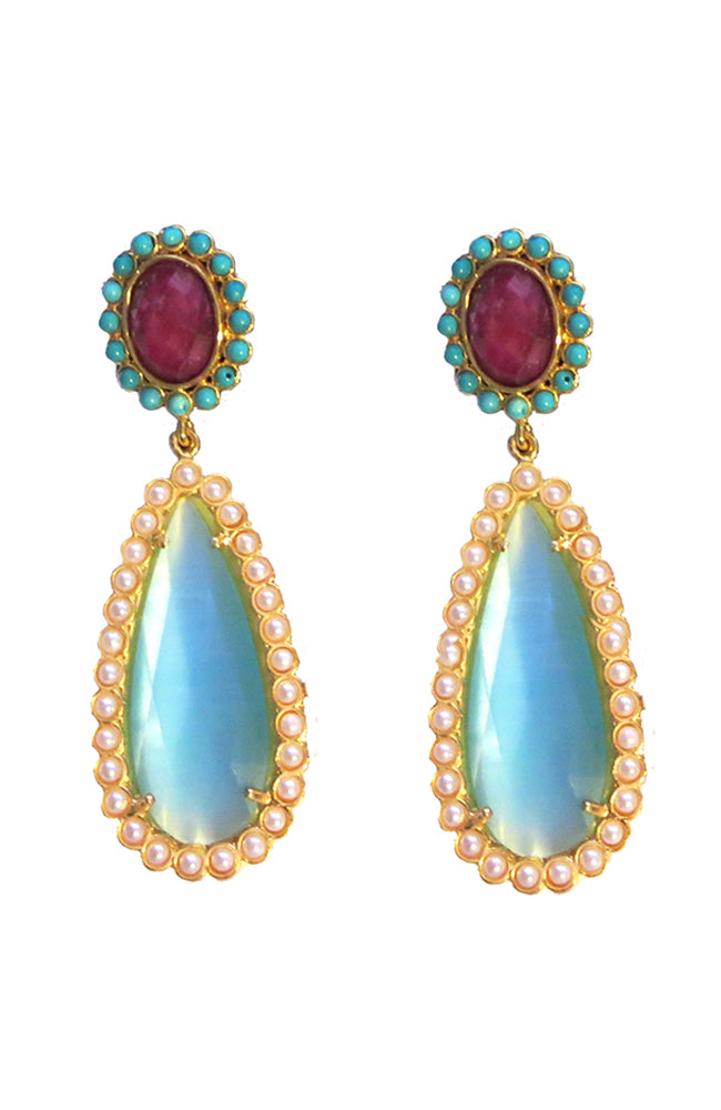 Turq & Pearl Bordered Red Earring