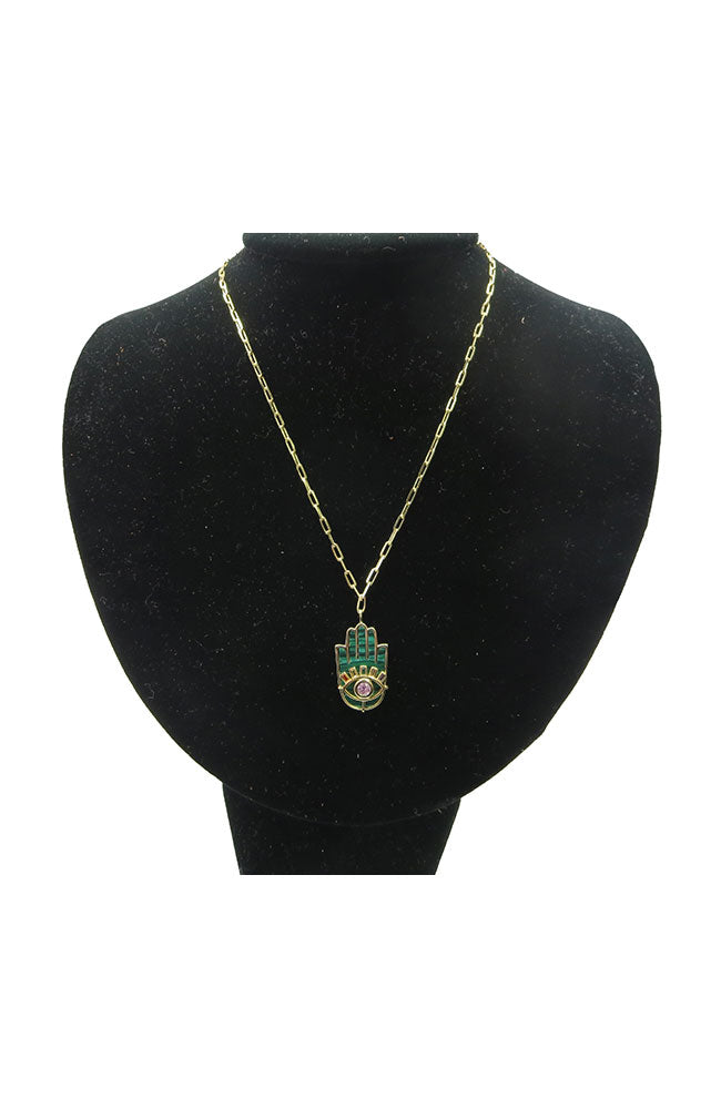 Gold Neck Green Hamsa