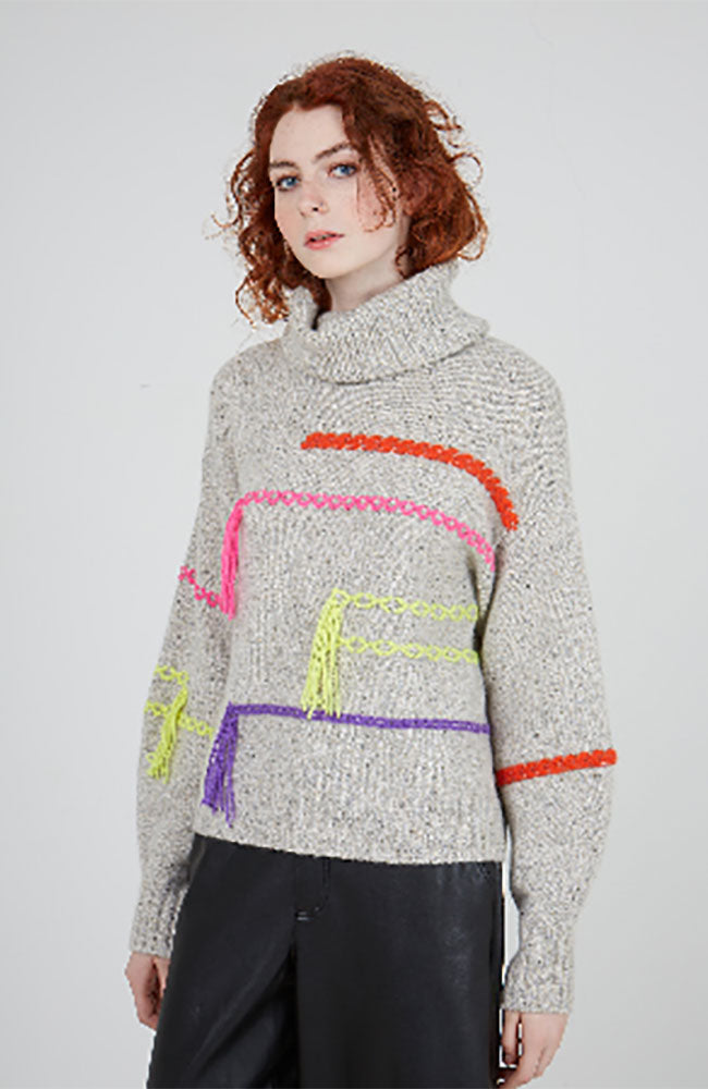Embroidered Tassle Mock Neck Sweater