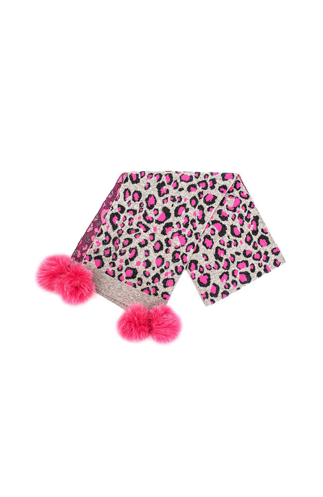 Print Scarf with Crystals & Fox Pom