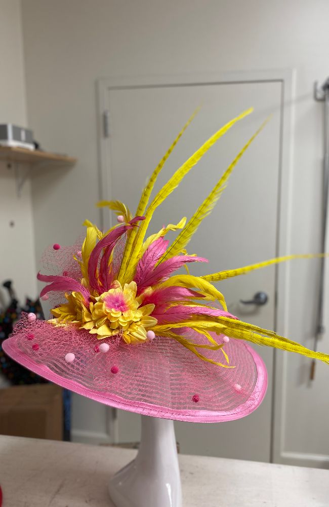 Hat Pink Dot Yellow Feathers