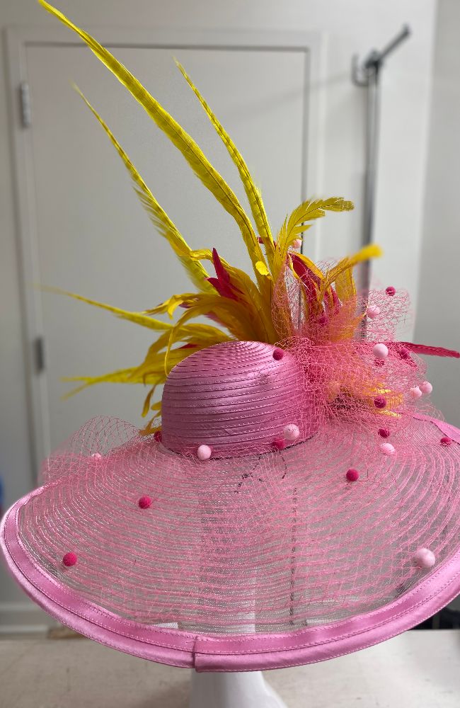 Hat Pink Dot Yellow Feathers