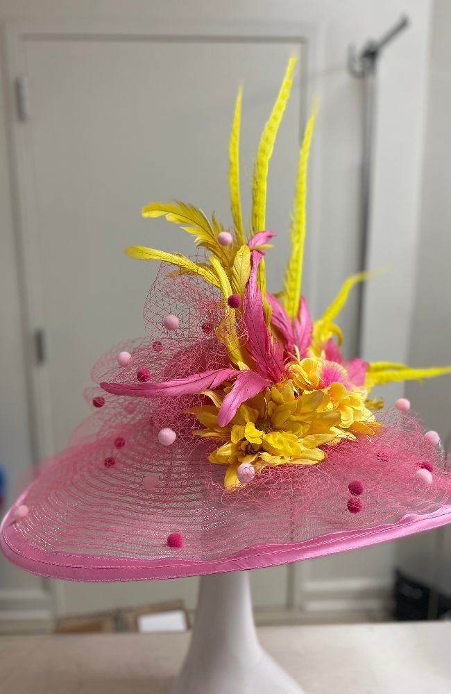 Hat Pink Dot Yellow Feathers