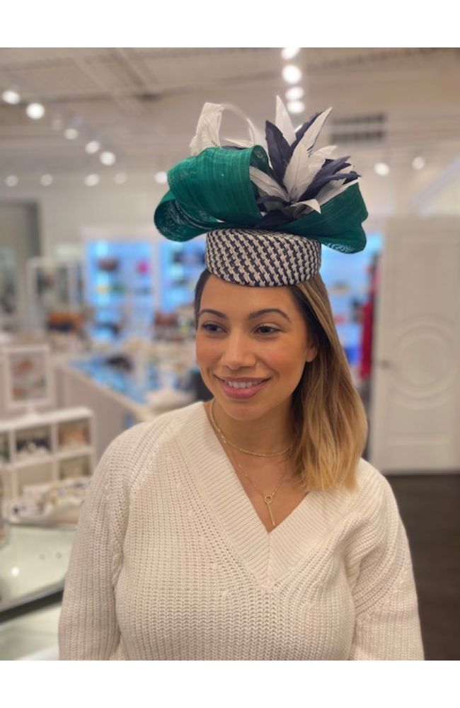 Navy White Check Hat Emerald Trim