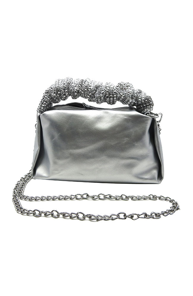 Silver Faux Leather Clutch CZ Handle