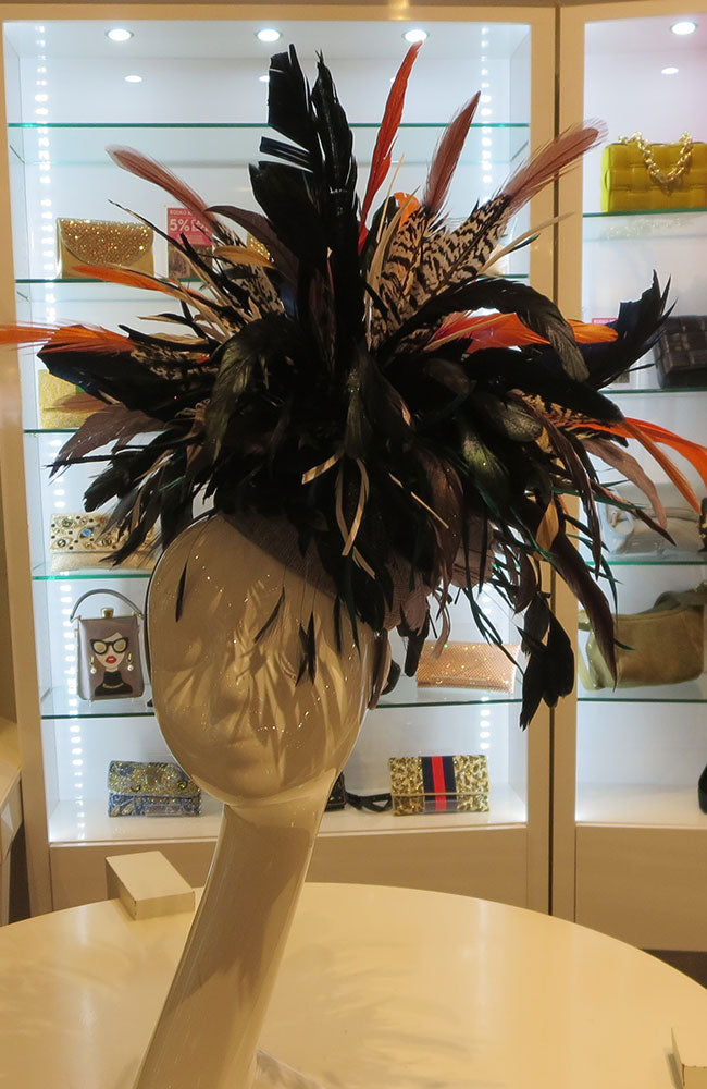 Fascinator with Black, Orange and Animal Feathers