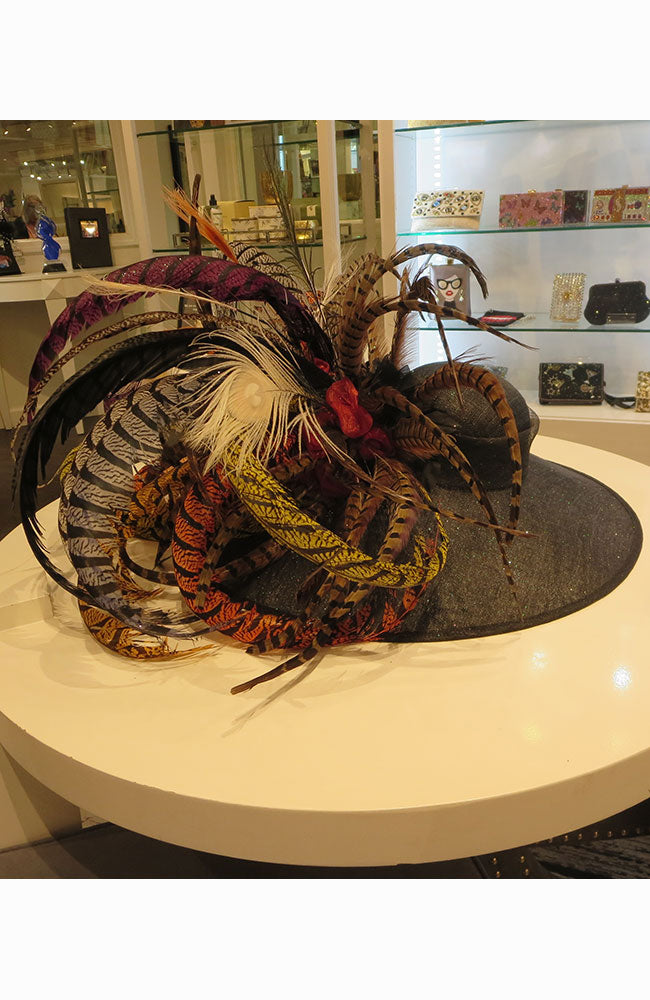 Mysterious Large Brim Black Hat with Animal Feathers