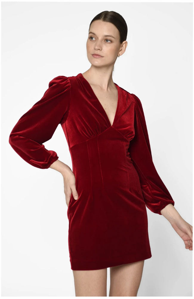 Velvet V Neck Puff Sleeve Dress