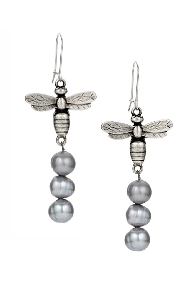 Silver Miel Earring with Bee and Pearl Dangles