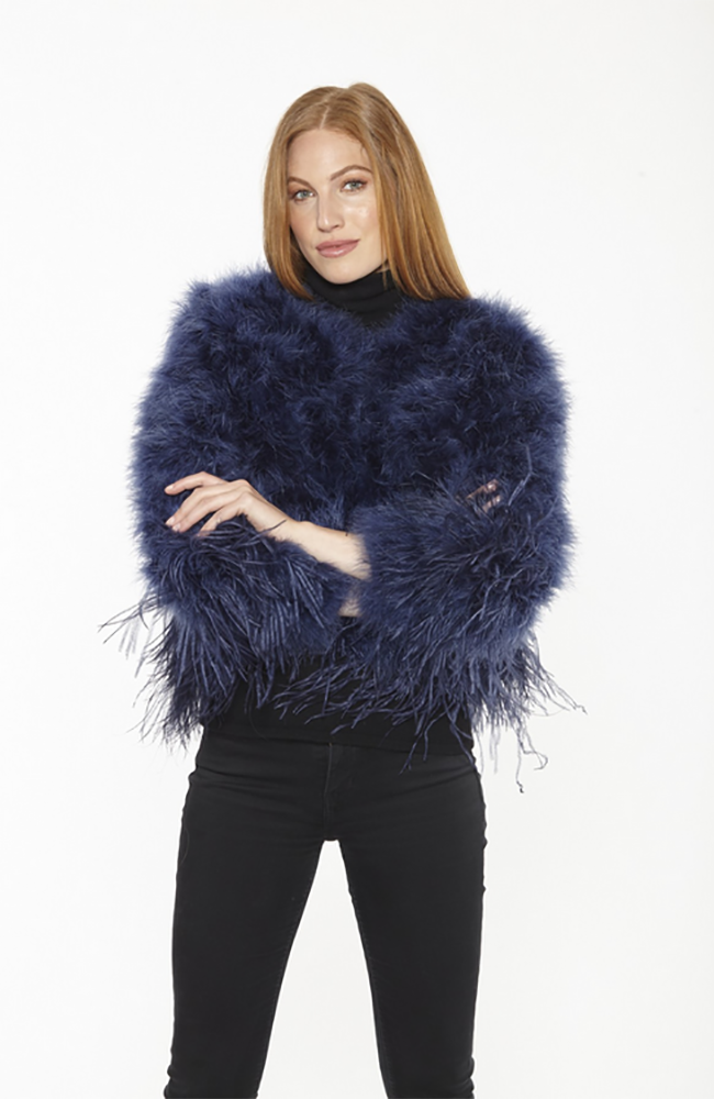 Ostrich Trim Feather Jacket in Blue
