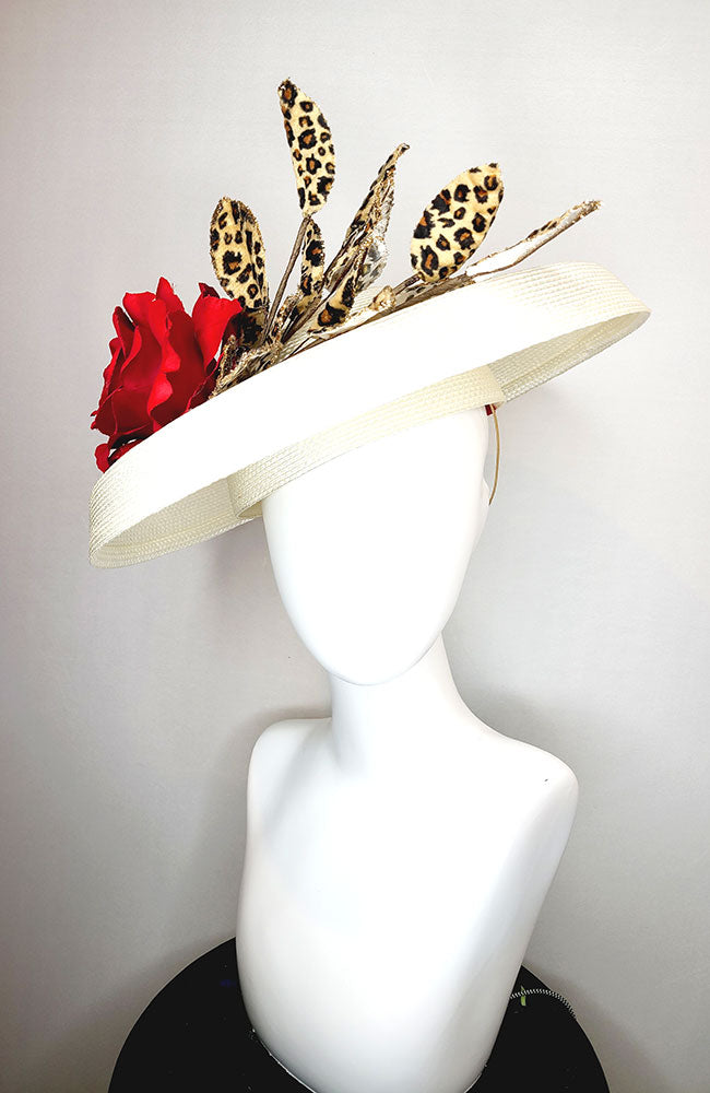 Ecru Hat with Leopard Trim and Red Flower
