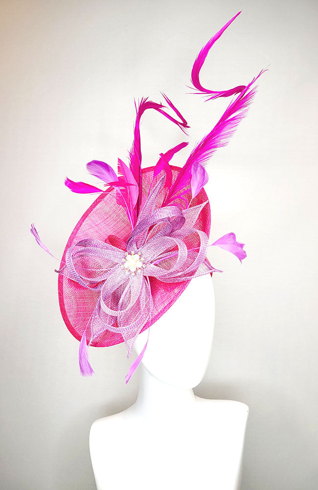 Deep Pink Fascinator with Ribbons and Feathers