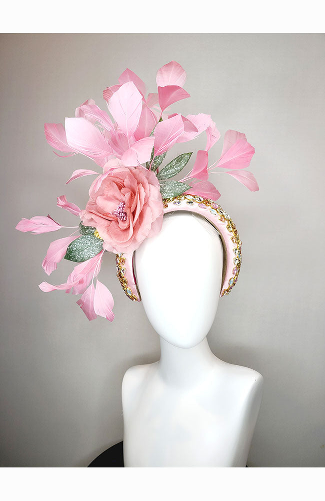 Light Pink Beaded Headband with PInk Flowers