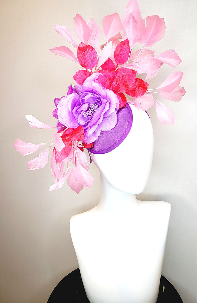 Purple Fascinator with Purple Flower Pink Leaves